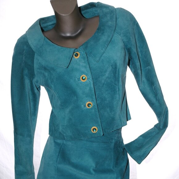 Suede Leather JACKET & SKIRT Dress 2 pc. Suit Set Aqua Teal Danier Womens M / 8 - Picture 2 of 9